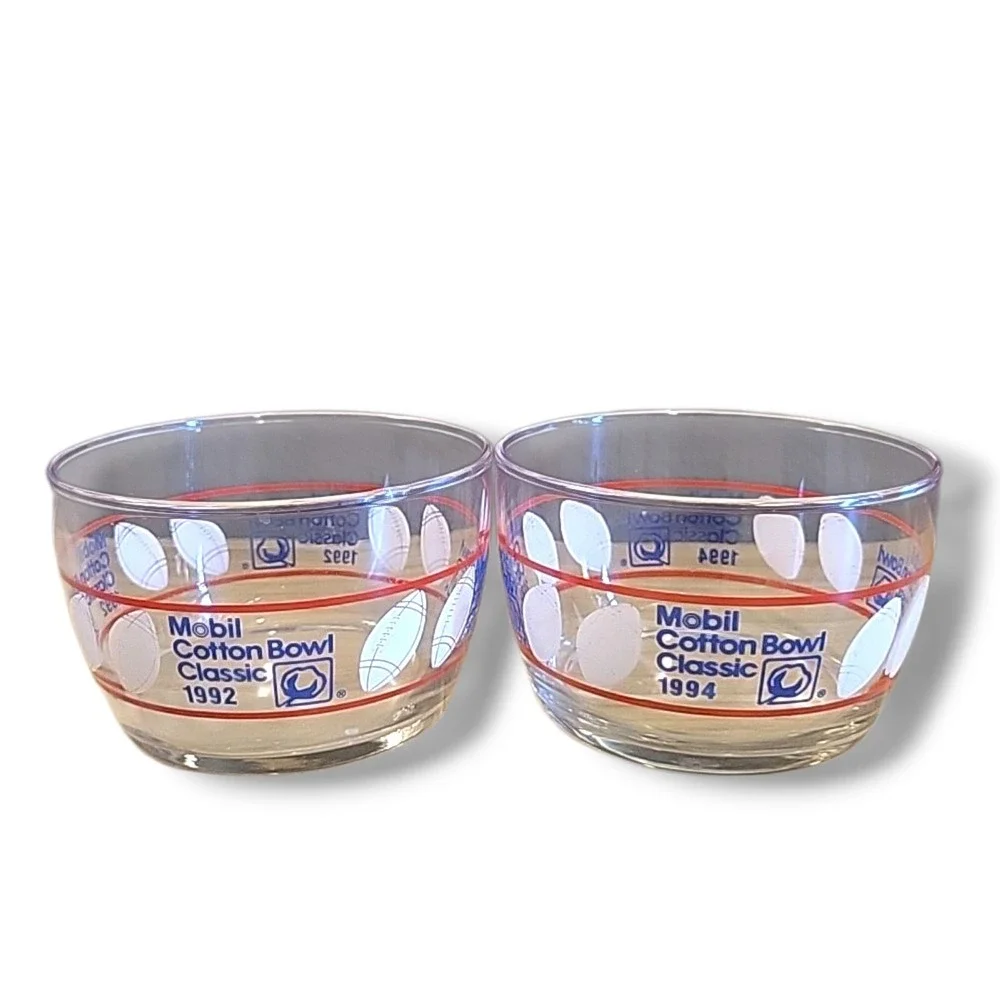 Set Of 2 Vintage 1992-94 Mobil Oil Cotton Bowl Classic Glass Bowls No Lids
